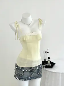 Sweet Cute Summer Women's Slim Fit Lace Patchwork Backless Spaghetti Strap Top, Casual Style, Perfect for Daily Wear, Comfortable and Stylish