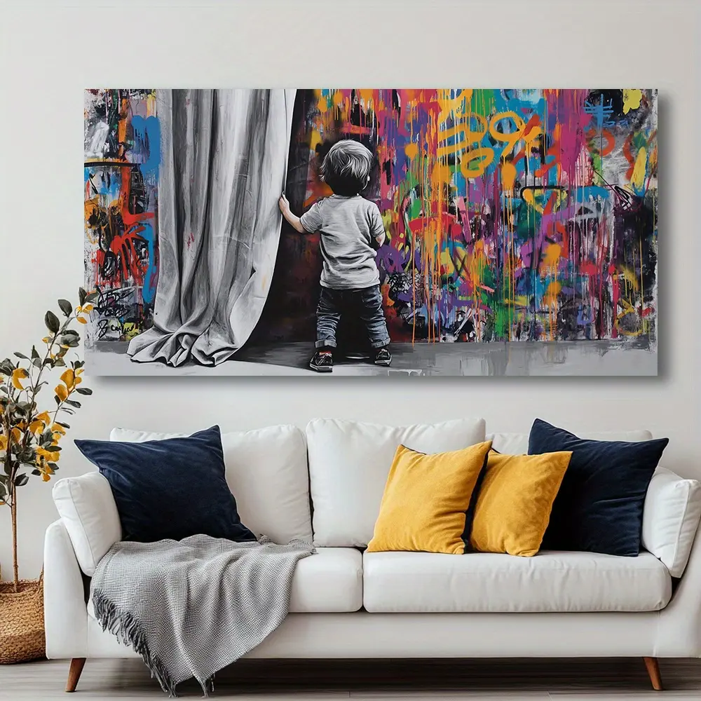 Artistic Vibrant Graffiti Canvas Print - Modern Abstract Wood Framed Wall Decor, Peppy Youth Vibe, Colorful Paint Splatters for Living Room, Bedroom