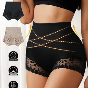 HOTCOM 2PCS High-Waist Tummy Control Lace Panties for Women, Seamless Butt Lifting Design in Mixed Colors with Floral Lace Detailing - Comfortable Nylon Blend, Hand Washable, Cute Panties