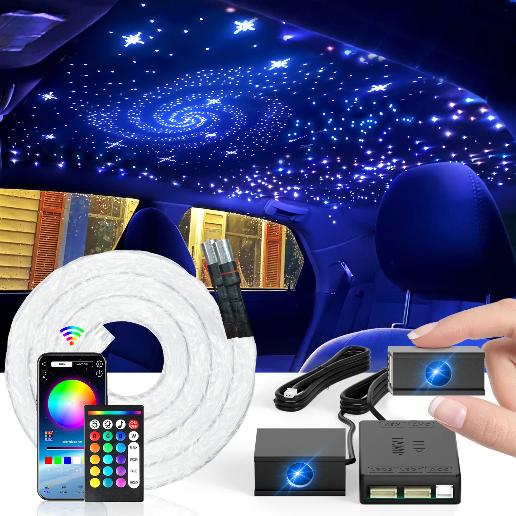 16W Split Starlight Headliner Kit - 600pcs 0.02in 4.9ft Fiber Optic RGBW Star Lights for Car with 2 Light Heads Engine Easy to Hide,Flexible Wiring,APP/Remote Control for Car Roof Ceiling
