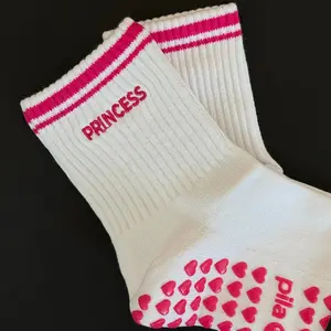 Pilates Princess Pilates Sock - White with Pink Stripes, Featuring Pink Heart Pattern, Ideal for Pilates Practice