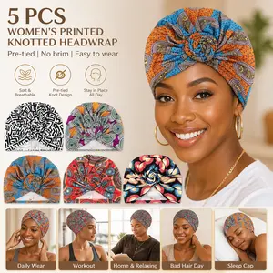 Pre-Knotted African Turban Headwraps 5 Pack – No Tie Beanie Style Hair Covers for Women, Breathable Stretch Fit for Natural Hair – Summer Sale, Mid Year Sale, Deals for You, Restock