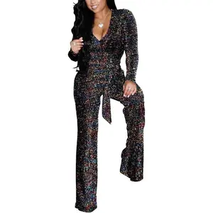 Sexy sequin jumpsuits for women plus size elegant clubwear sparkly high waisted wide leg pants disco outfits