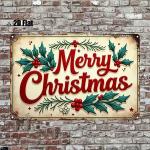 2D Flat, 1pc Vintage Metal Christmas Wall Decor Sign - 8x12 Inch Rustic Iron Hanging Ornament with "Merry Christmas" Lettering & Holly Berries, Durable Indoor Home Decoration, Festive Room Accent, Christmas Decorations, Seasonal Decoration