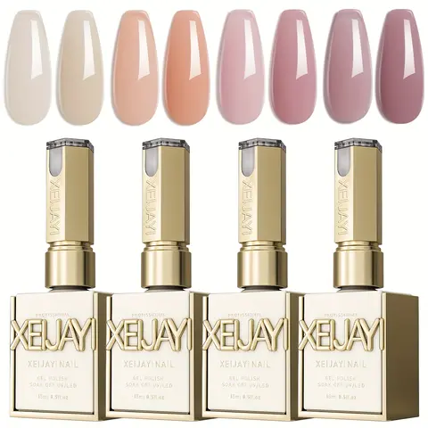 XEIJAYI Ice-Translucent Nude Gel Polish Set Pack, 4PCS 15ML TPO-HEMA-Free Flower-Inspired Shades, 24 Months Long-Lasting Glossy Finish, Soak-Off UV LED Gel for Nail Care, Adults' Salon & DIY Use