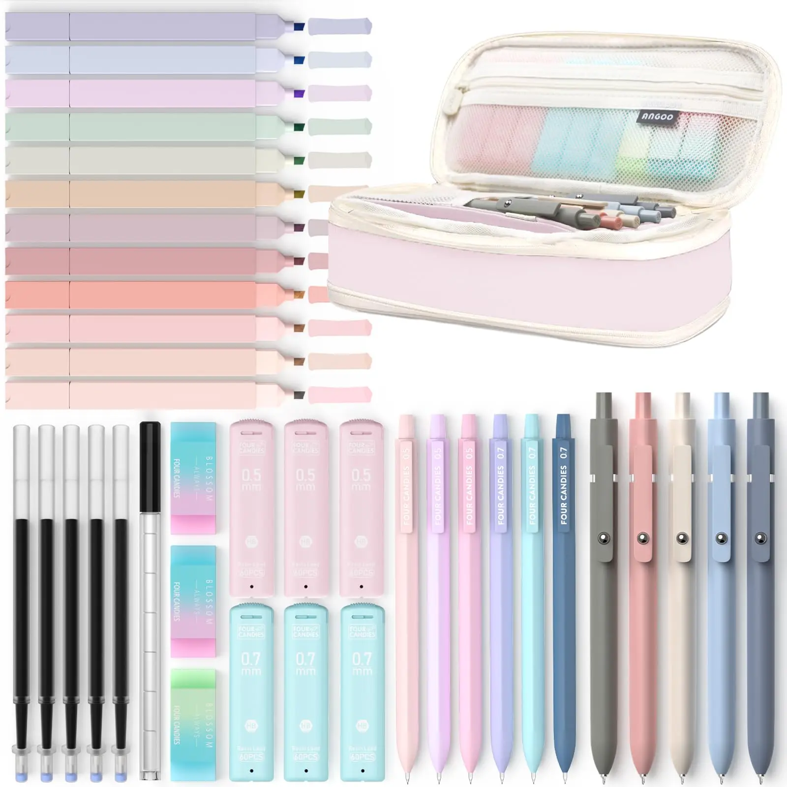 Four Candies 39PCS Aesthetic School Supplies with Big Capacity Pen Case Set - with 12 Pastel Highlighters, 5 Black Ink Gel Pens, 6 Pastel Mechanical Pencils 0.5 & 0.7 mm,Ideal for schooloffice supplies College Essentials pencilcase