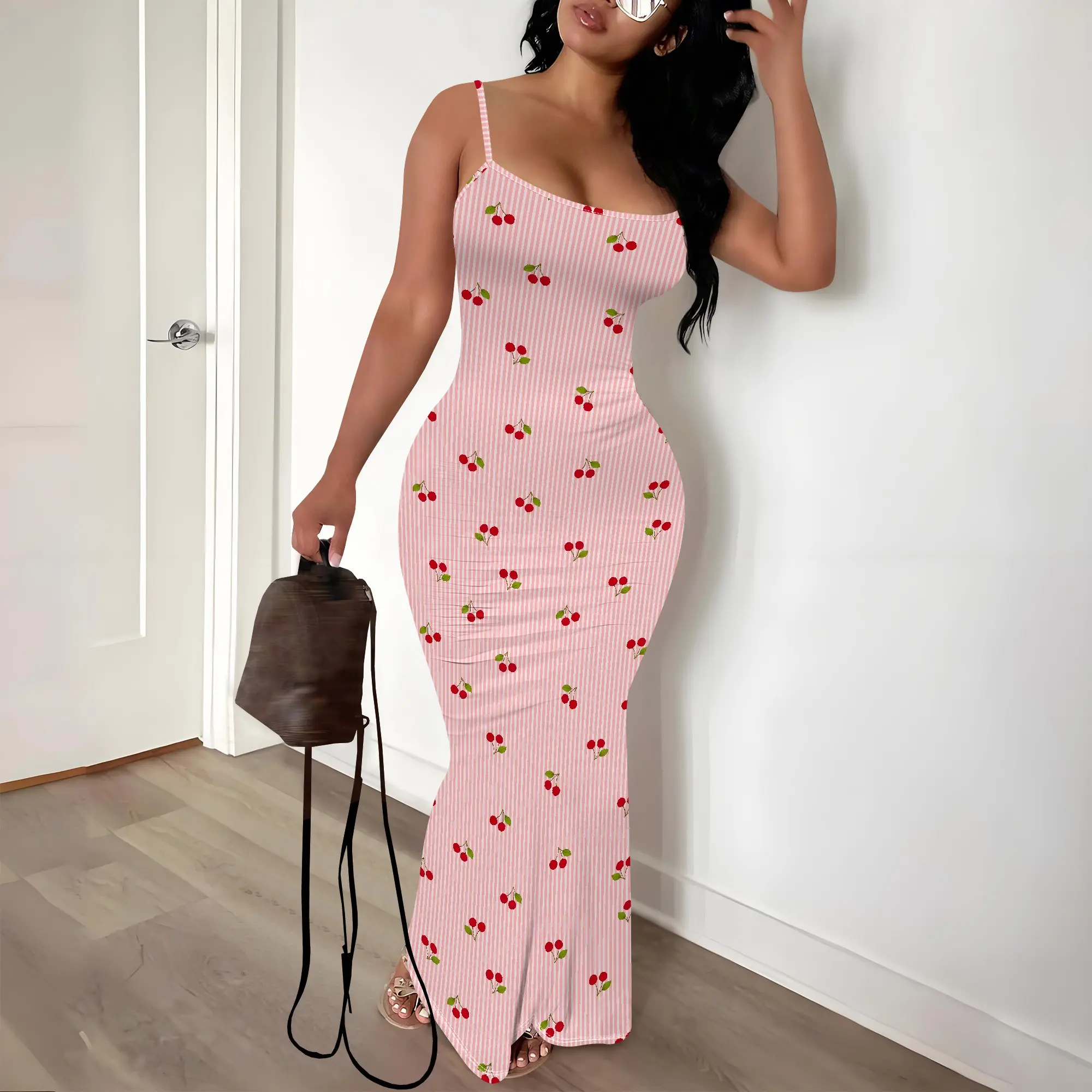 ZCC Women's Sleeveless Cherry Print Spaghetti Strap Bodycon Maxi Dress -  Casual Wear, Stretchy Ribbed Knit Fabric, Fashion Fit, Comfortable Feminine  Summer Dress,summervibes - TikTok Shop