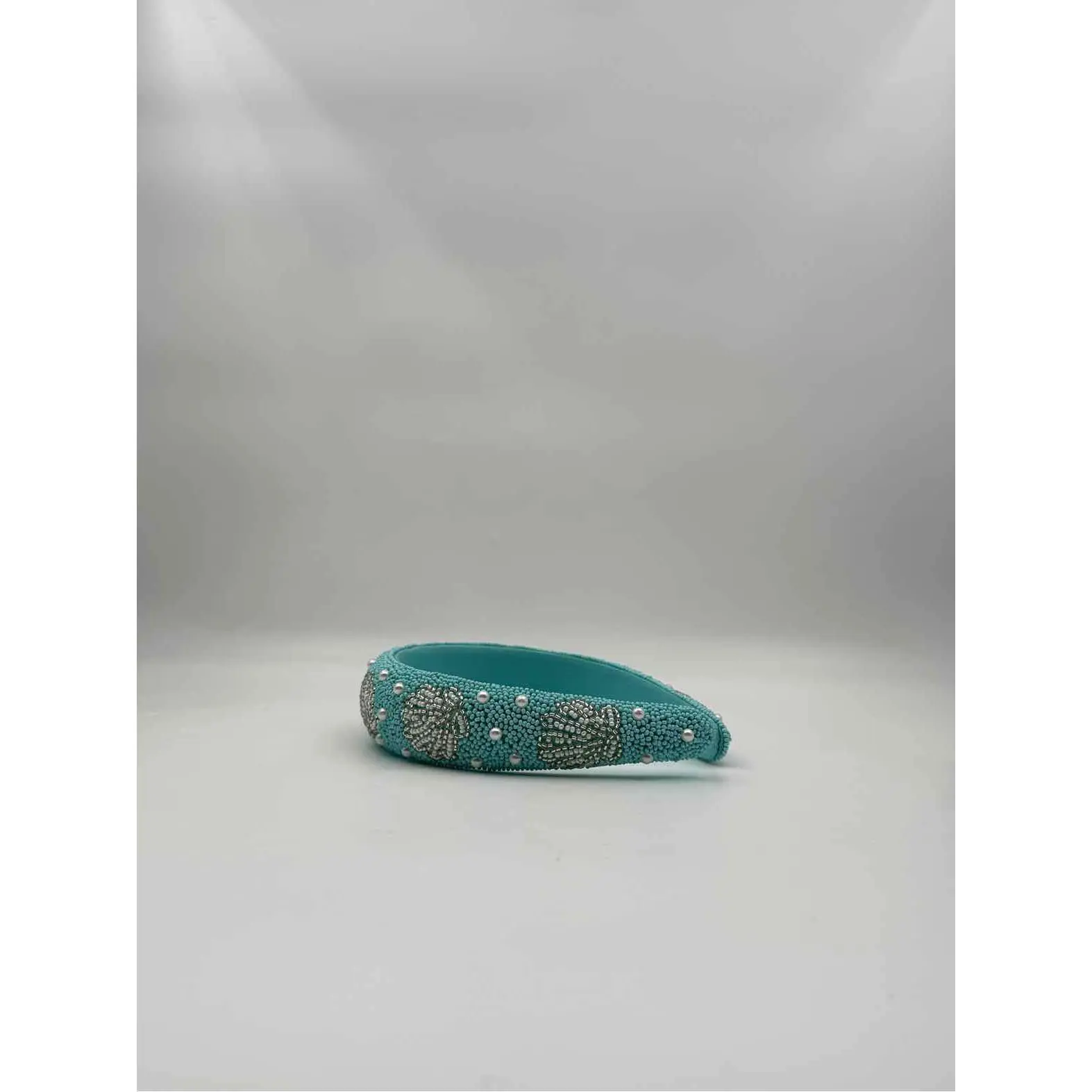 Coastal Blue Beaded Headband – Pearl & Silver Shell Motif