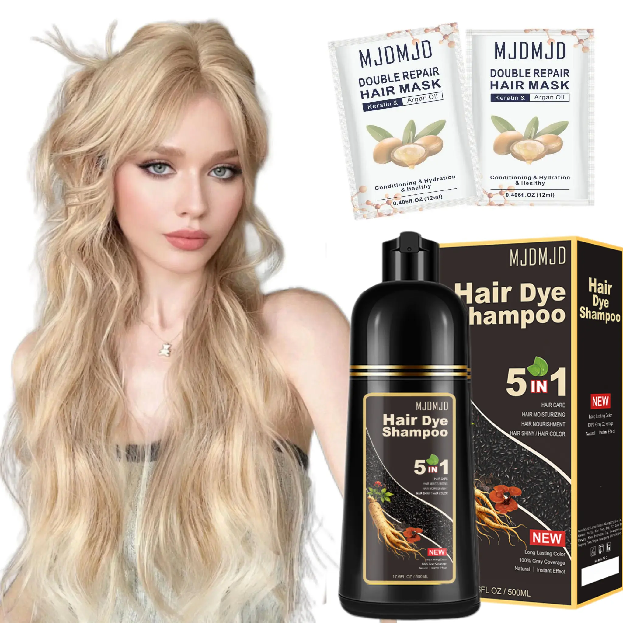 Golden Brown 5-in-1 Hair Color Shampoo – Enhanced Care Formula, Quick Gray Coverage, Long-Lasting Shine & Nourishment, Unisex Ammonia-Free Formula, 500ml with Complimentary Hair Mask Samples