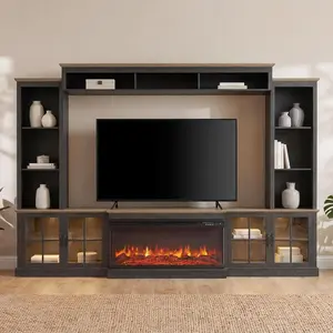 98 In Farmhouse TV Stand Furniture - 36-in Fireplace, Wood Bookshelf, Wine Cabinet, Fits 75-in TVs, Wall Unit Media Console with Power Outlets & Barn Doors for Living Room (3 Packages Shipping, White)