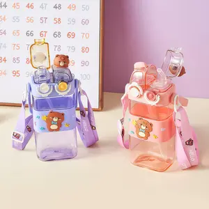 UFORU Press-type bear water bottle,19.61oz Portable outdoor sports water bottle PP material, heat insulation, drop resistance, no peculiar smell,design for  Boys and Girls, outdoor and home Mug Bottled Reusable Cup Drinkware Lid Straw Washable Kids