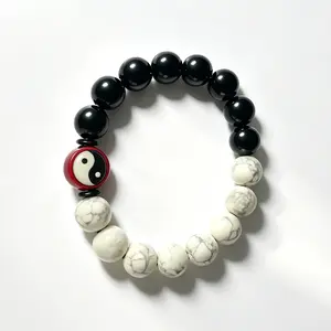 Black and White Bracelet with tai ji Design and Marble Beads