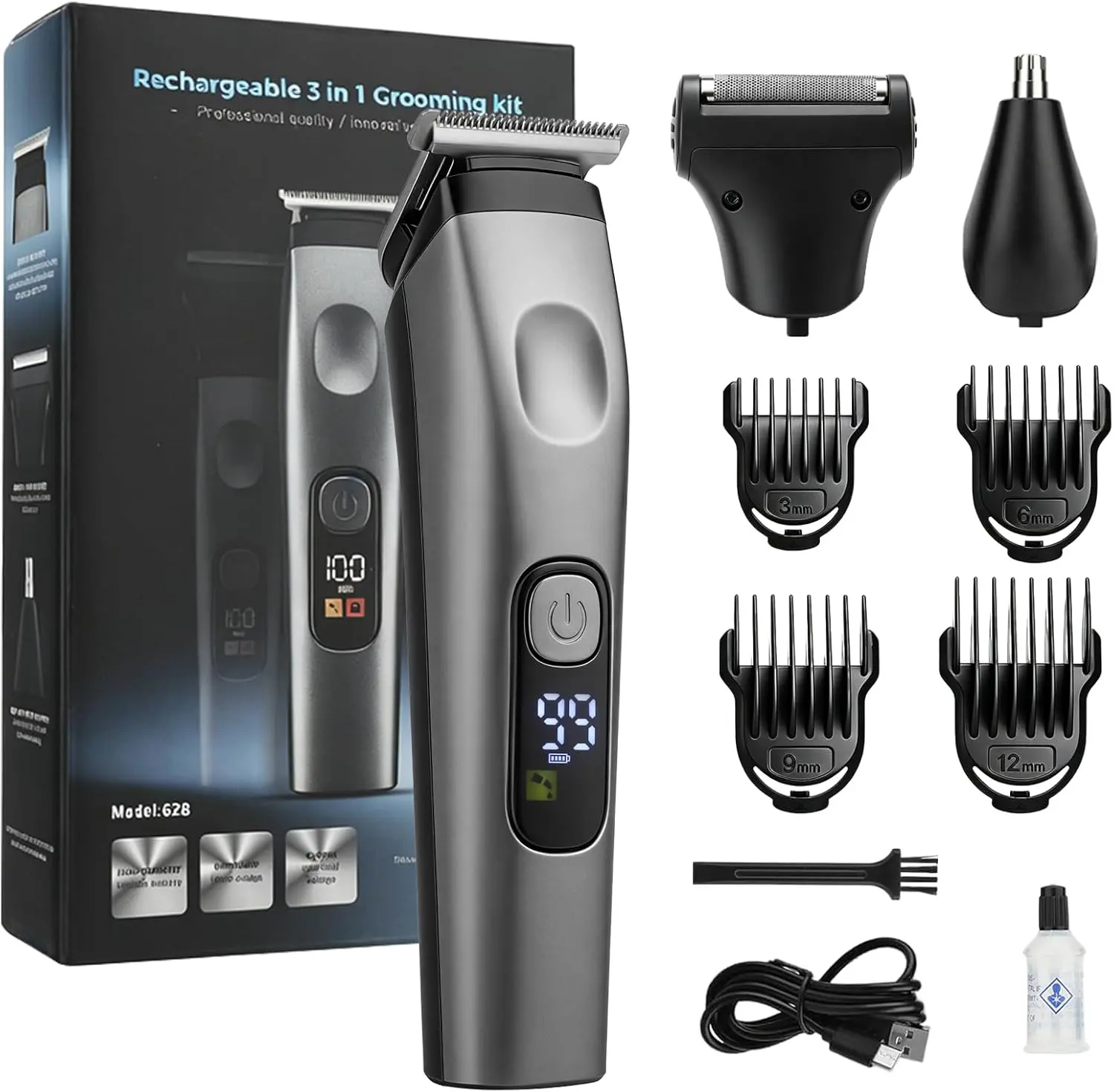 Beard Trimmer for Men, 3-in-1 Cordless Mens Beard Trimmer Kit with 3/6/9/12mm Guide Combs, USB Rechargeable Electric Beard Trimmer for Mustache/Face/Nose/Body