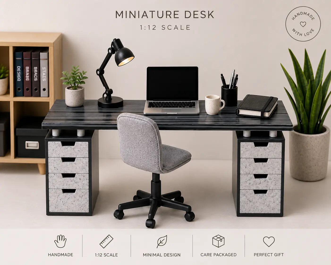 Scale Modern Miniature Dollhouse Office Desk with Drawers, Barbie Style Doll Office Furniture, Holiday Collectible Decor Accessory