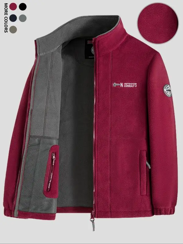 Men's Fitted Embroidered Warm Stand-Collar Fleece-Lined Jacket Coat, Menswear Casual Winter Sports Outerwear for Daily Wear & Outdoor Activities