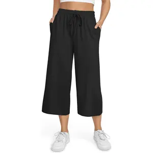 Women's Comfortable Gauchos High Waisted Wideleg Palazzo Pants Summer Plus Size Casual with Pockets Adjustable Drawstring Lady Trouser  Bottom Basic