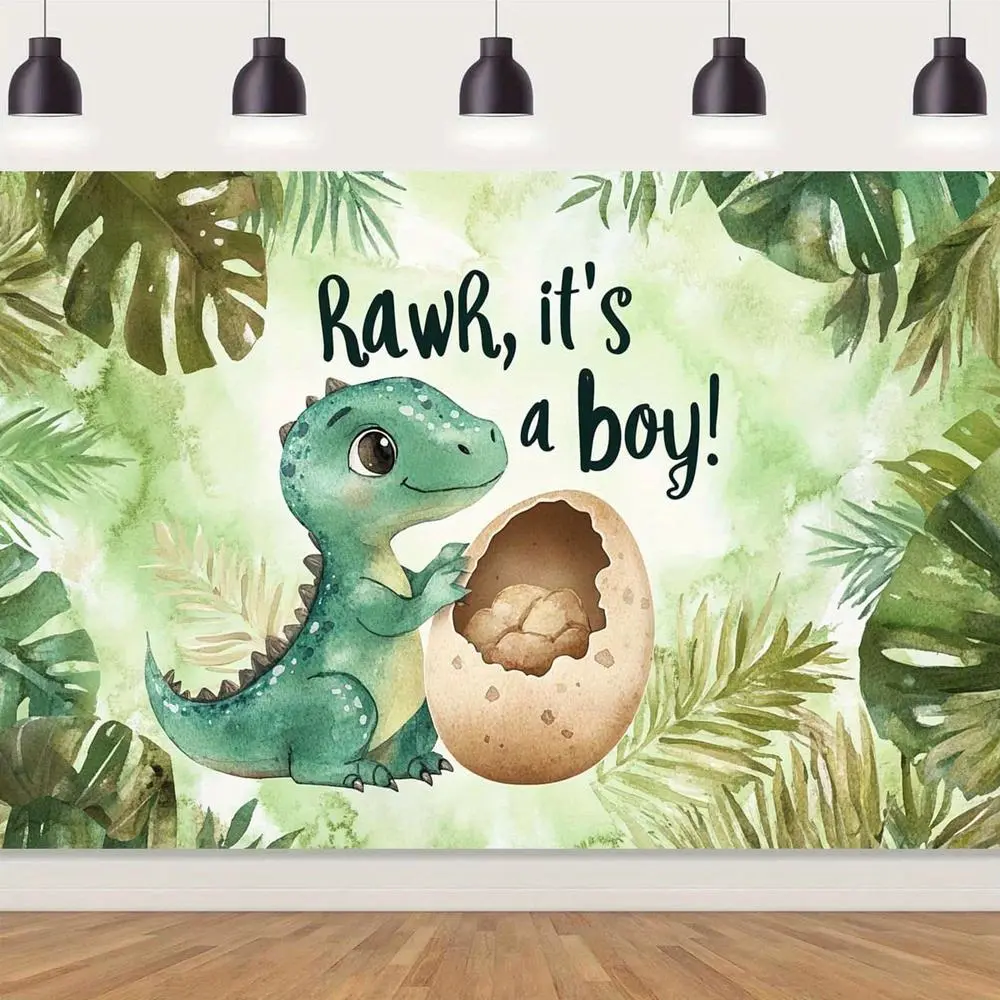 1pc 2D Flat [ Dinosaur Party Backdrop] Playful Dinosaur Theme Green Leaf Dinosaur Party Backdrop - "Rawh, It's a Boy!" | Polyester, Multipurpose Banner for Birthday, Youngsters Shower & Ind White