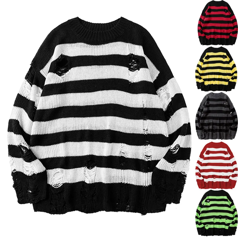 Unisex Distressed Knit Sweater, Oversized Striped Crewneck Pullover, Ripped Vintage Streetwear Top for Fall, Street Style, Casual Daily Wear