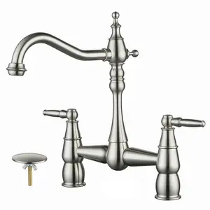 WOWOW Brushed Nickel Bridge Kitchen Faucet, Deck Mount Brass Vintage Farmhouse Kitchen Faucet, 2 Handle 2 Hole 360 Degree Swivel Copper Faucet