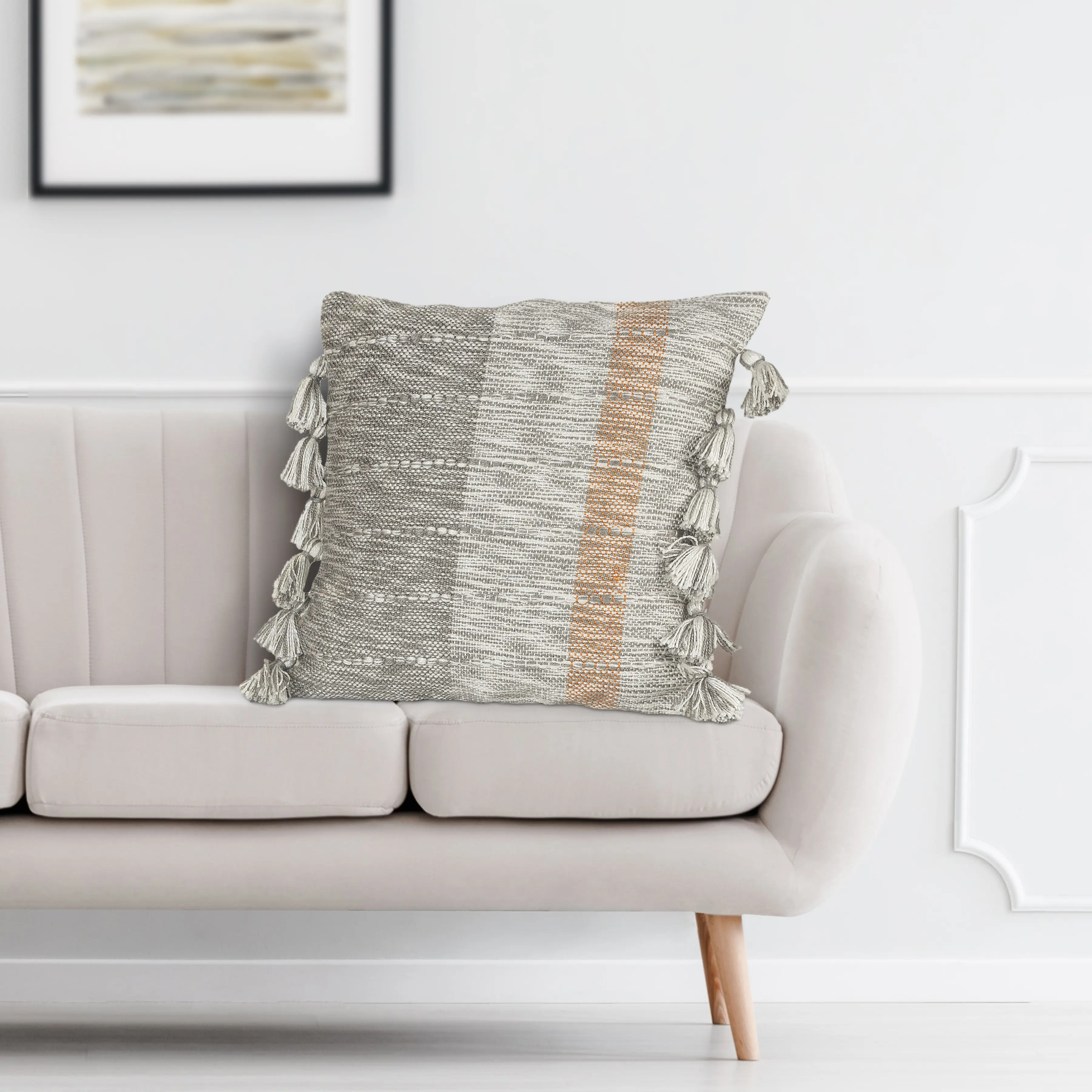 Striped Tasseled Throw Pillow – 20" x 20", Soft Polyester – Modern Casual Décor