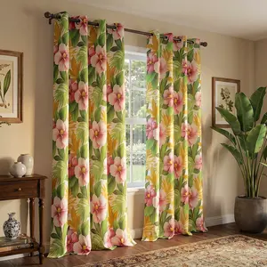 2 Panels Printed Full Blackout Grommets Curtains, 52"X84" Large Leaf Pattern Window Drapes for Home Decor QF428 Privacy, insulation, warmth retention