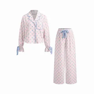 Cider Cotton Bowknot Graphic Knotted Oversized Top & Mid Rise Straight Leg Trousers Loungewear Set