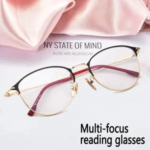 1 Pair of Stylish and Gorgeous Ultra-light Cat-eye Design Progressive Multifocal Reading Glasses, Full Metal Frame, Exuding Elegance, Wom
