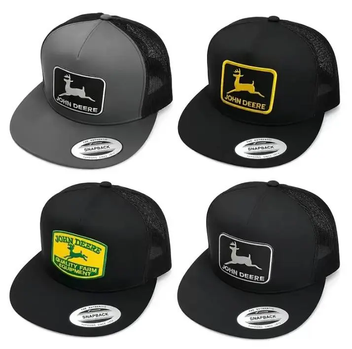 4 Design John Deere Logo Trucker Hat, Embroidered Snapback Mesh Cap, Flat Bill Farm Hat, Country Western Hunting Hat