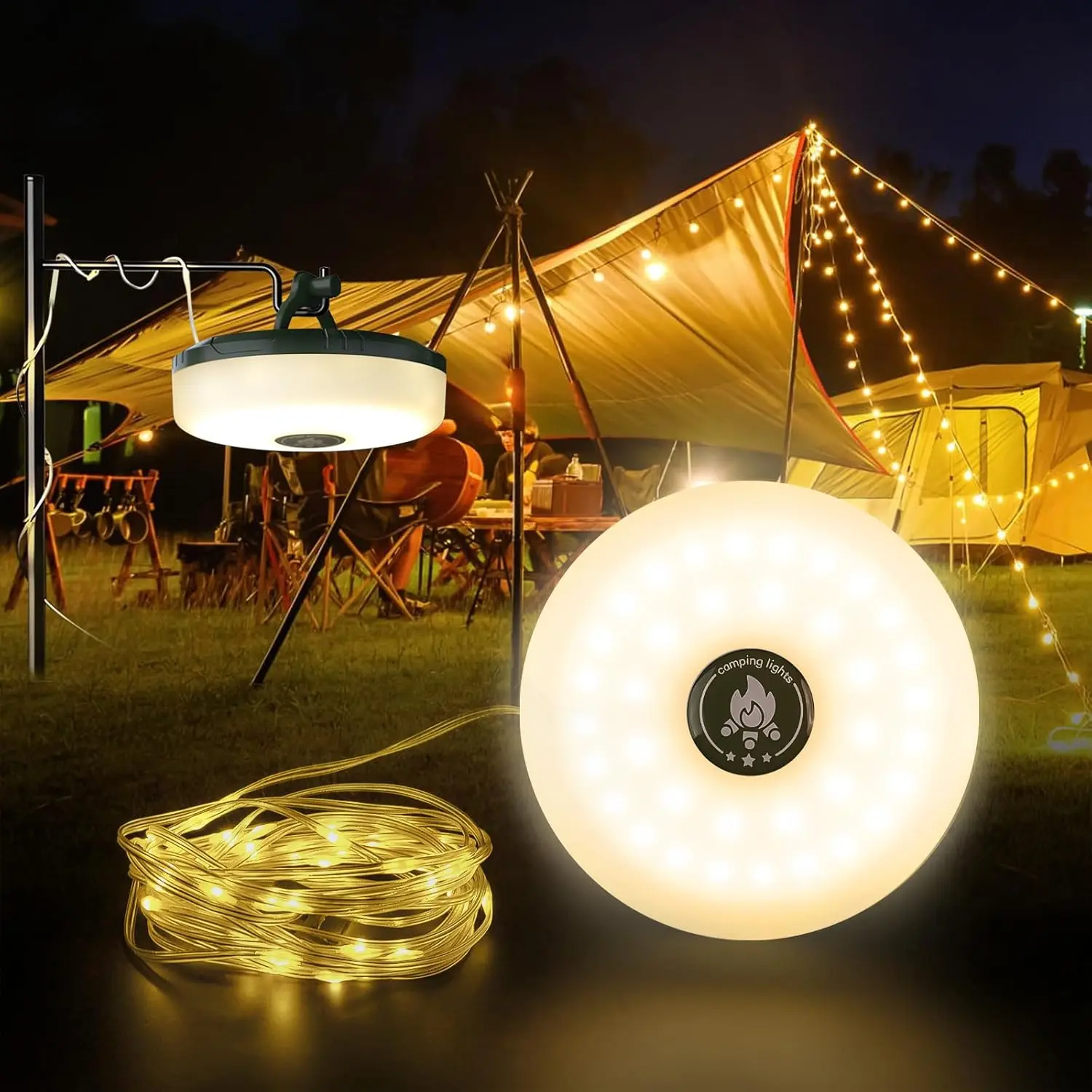 Camping String Lights, 32.8Ft Retractable LED String Lights, Solar & Battery Powered, Waterproof Emergency Outdoor Lights