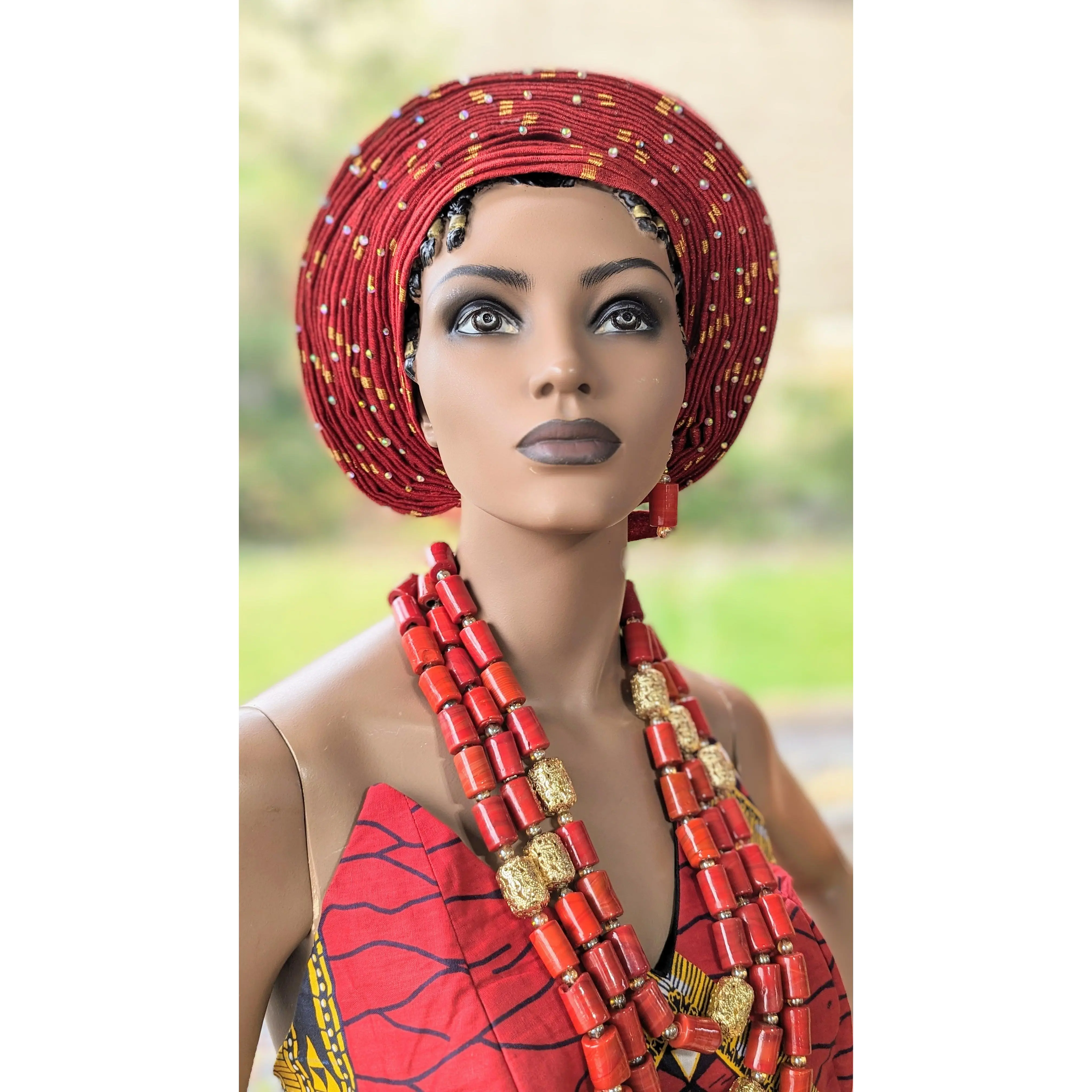 Eugenia Burgundy and Gold Aso Oke African Head Tie Autogele Head wrap-DPXBGAR11
