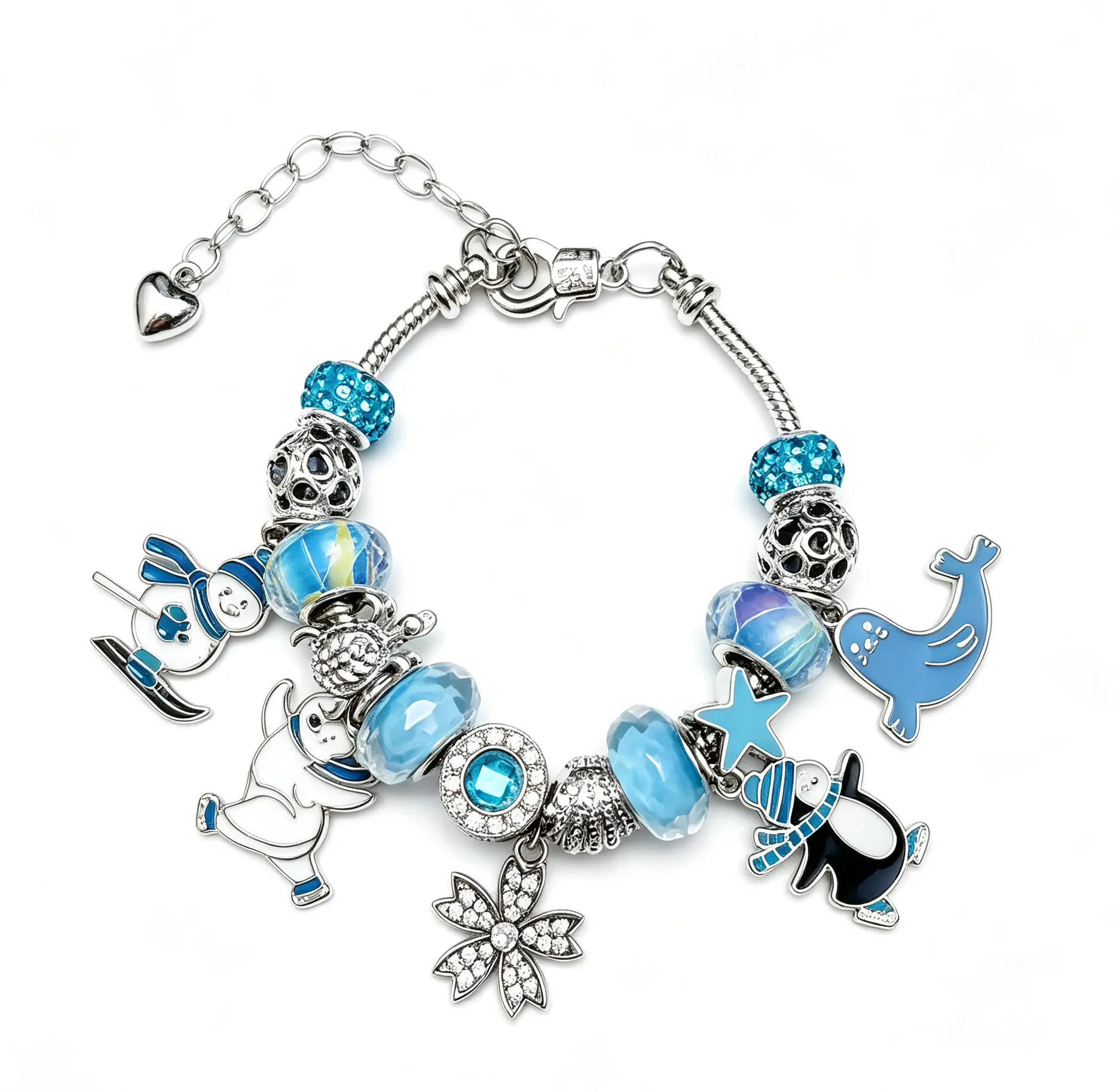 Silver Winter Ocean Charm Bracelet, Enamel Penguin Seal Snowman Snowflake Beaded Snake Chain Bracelet, Cute Animal Crystal Charm Jewelry Gift for Women