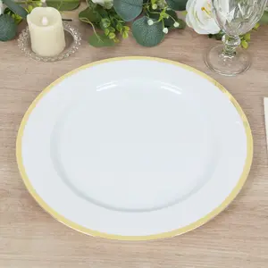 10-Pack Economy Plastic Charger Plates 12" Round White with Wide Gold Rim - Decorative Dinner Party Serving Plates
