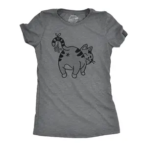 Womens Cat Butt Mistletoe T Shirt Funny Christmas Kitty Animal Lover Graphic Novelty Tee Funny Womens T Shirts Cute Vintage Fashion Casual Ladies T-Shirt Gift Christmas Tops for Women Funny Cat Top Women's Dark Grey