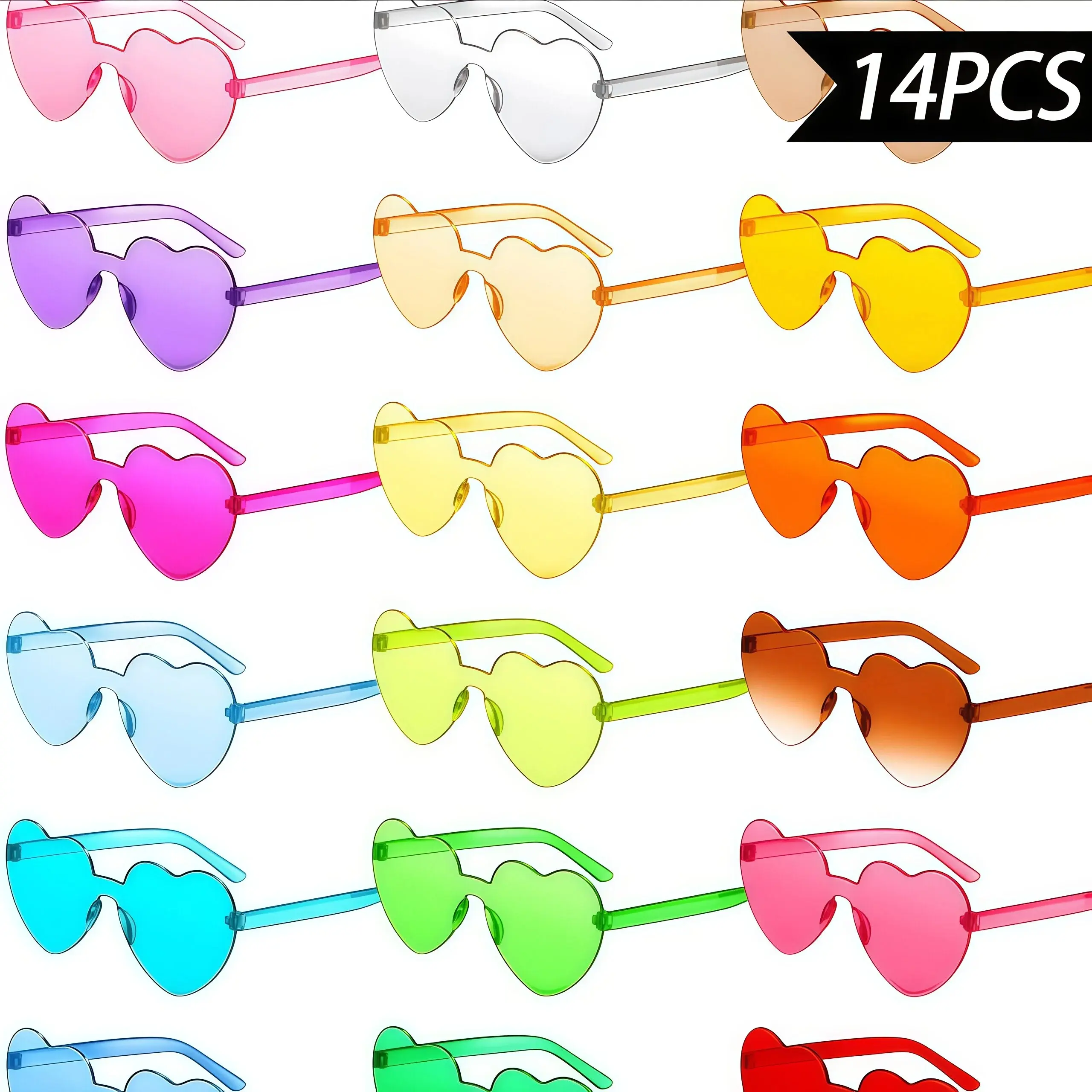 Paleshy 14 Pack Heart Shaped Rimless Party Sunglasses 14 Macaron Colors for Group Photo Outfit