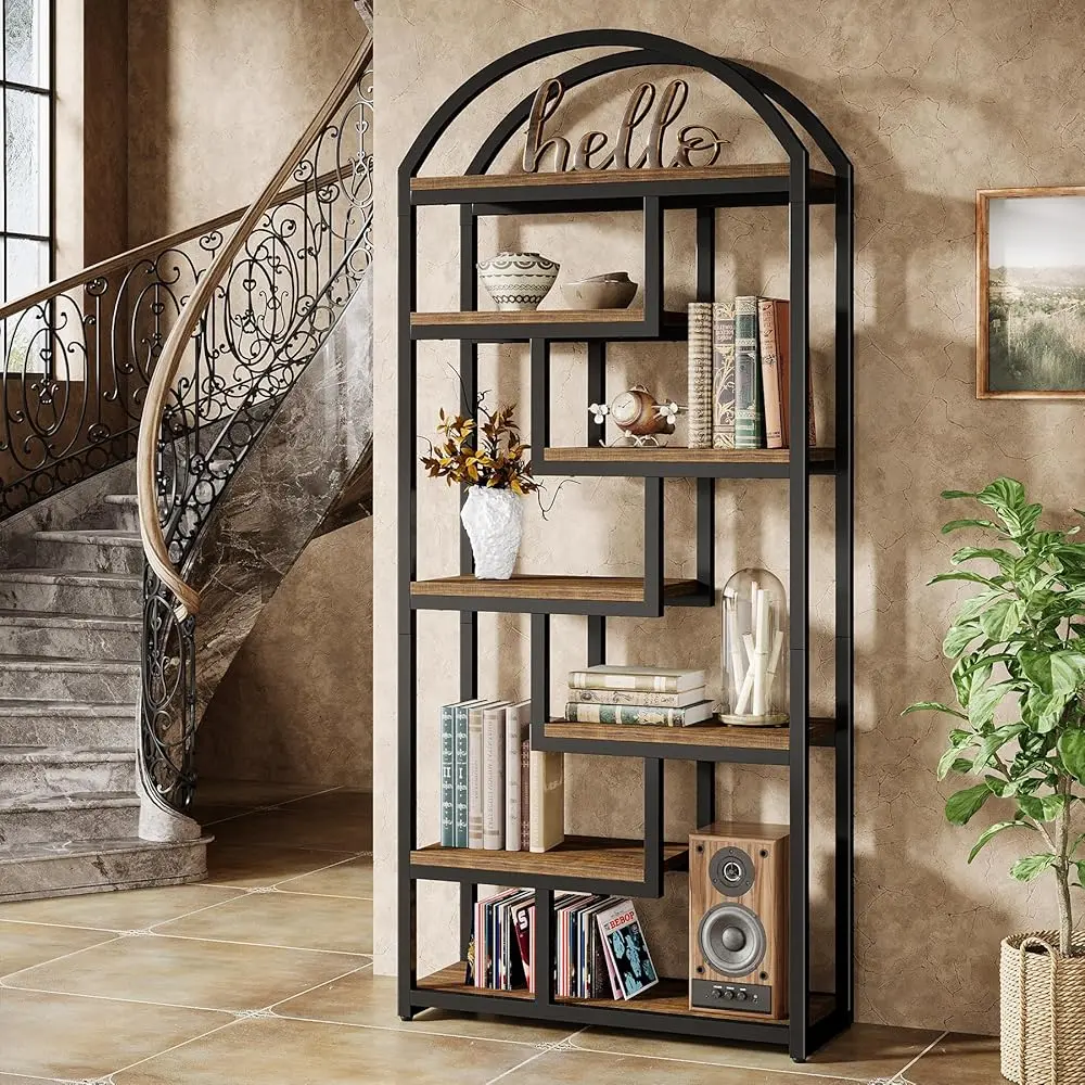 Tribesigns 71" Tall Arched Bookshelf, Rustic Brown & Black Industrial Etagere for Living Room, Open Shelves Storage