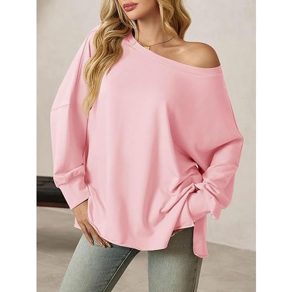Tankaneo Womens Oversized Off The Shoulder Tops Long Sleeve Trendy Casual T-Shirts Side Slit Loose Fit Tunic Shirts