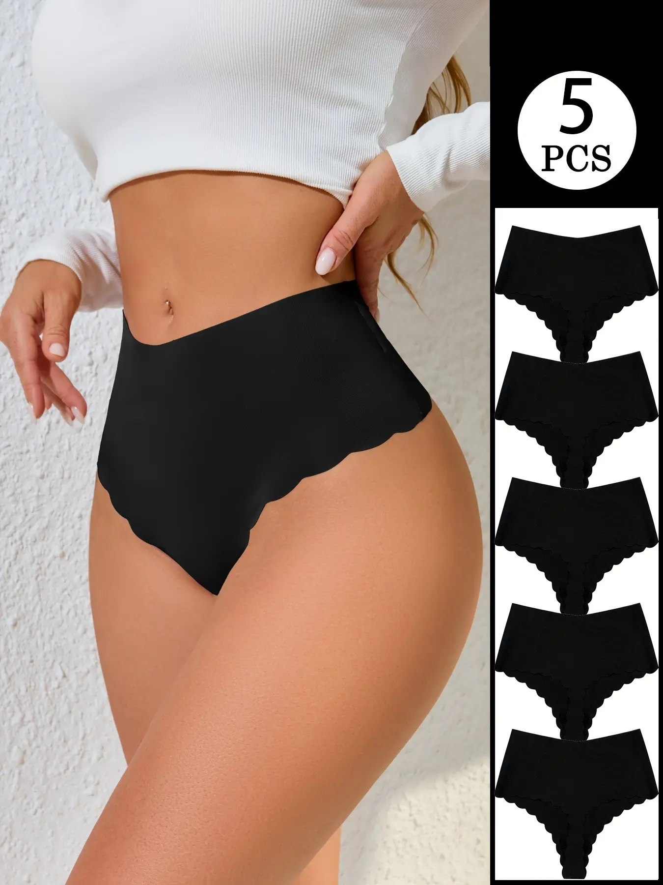 5-Pack Women's Seamless High-Waist Thongs, High Waisted Panties, High Waisted Underwear, Invisible Lines, Wavy Edge Design, Soft Stretch Fabric, Elegant Fitted Style, All Seasons