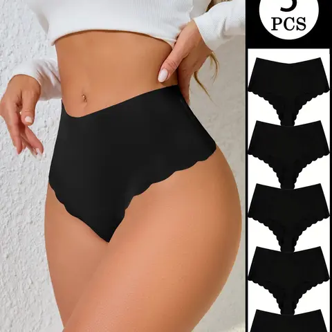 5-Pack Women's Seamless High-Waist Thongs, No-Show Soft Stretch Elegant Underwear with Scalloped Trim for All Seasons