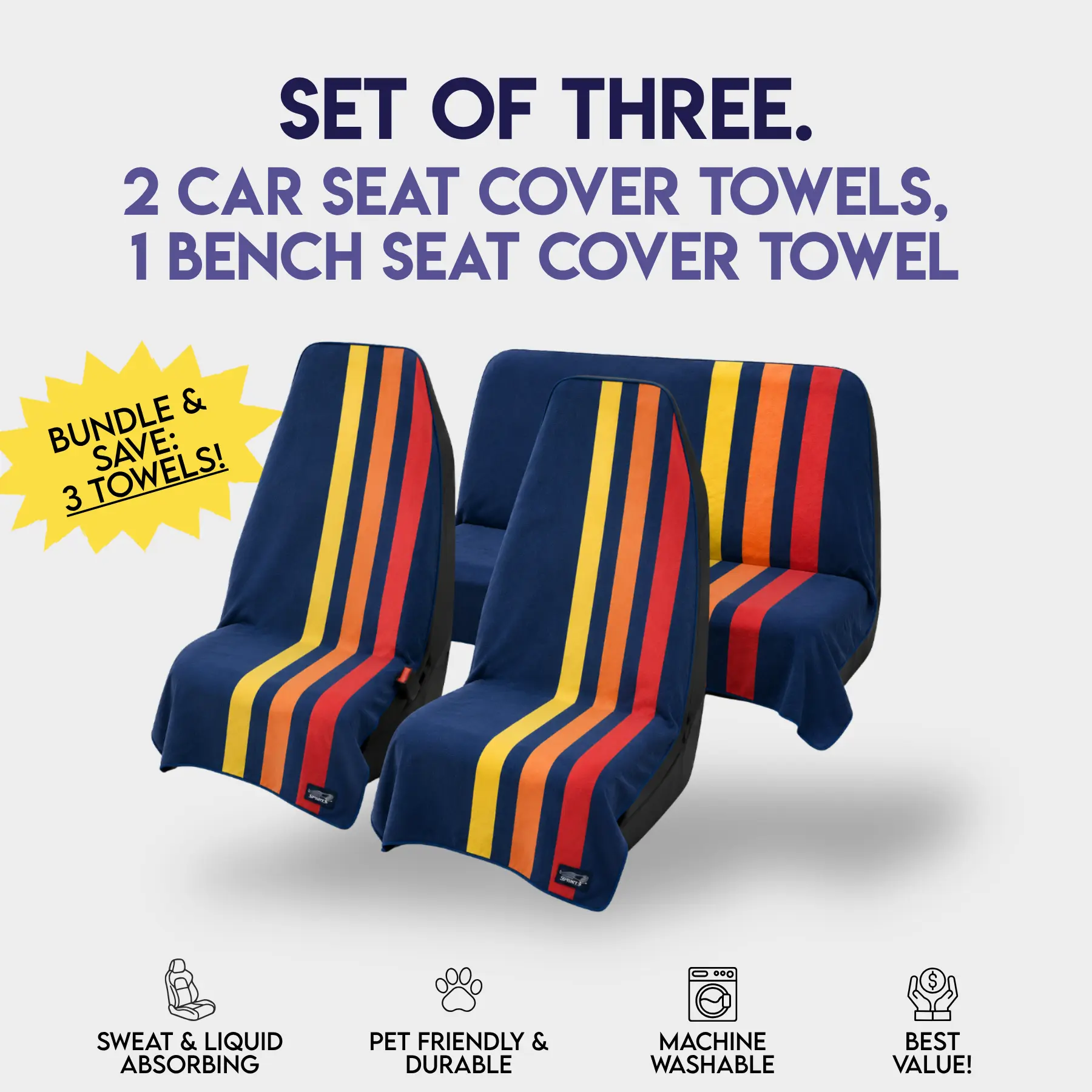 SET OF 3: Racing Stripes Car Seat Cover Towels! (2) Front Seat covers, (1) Back Bench cover