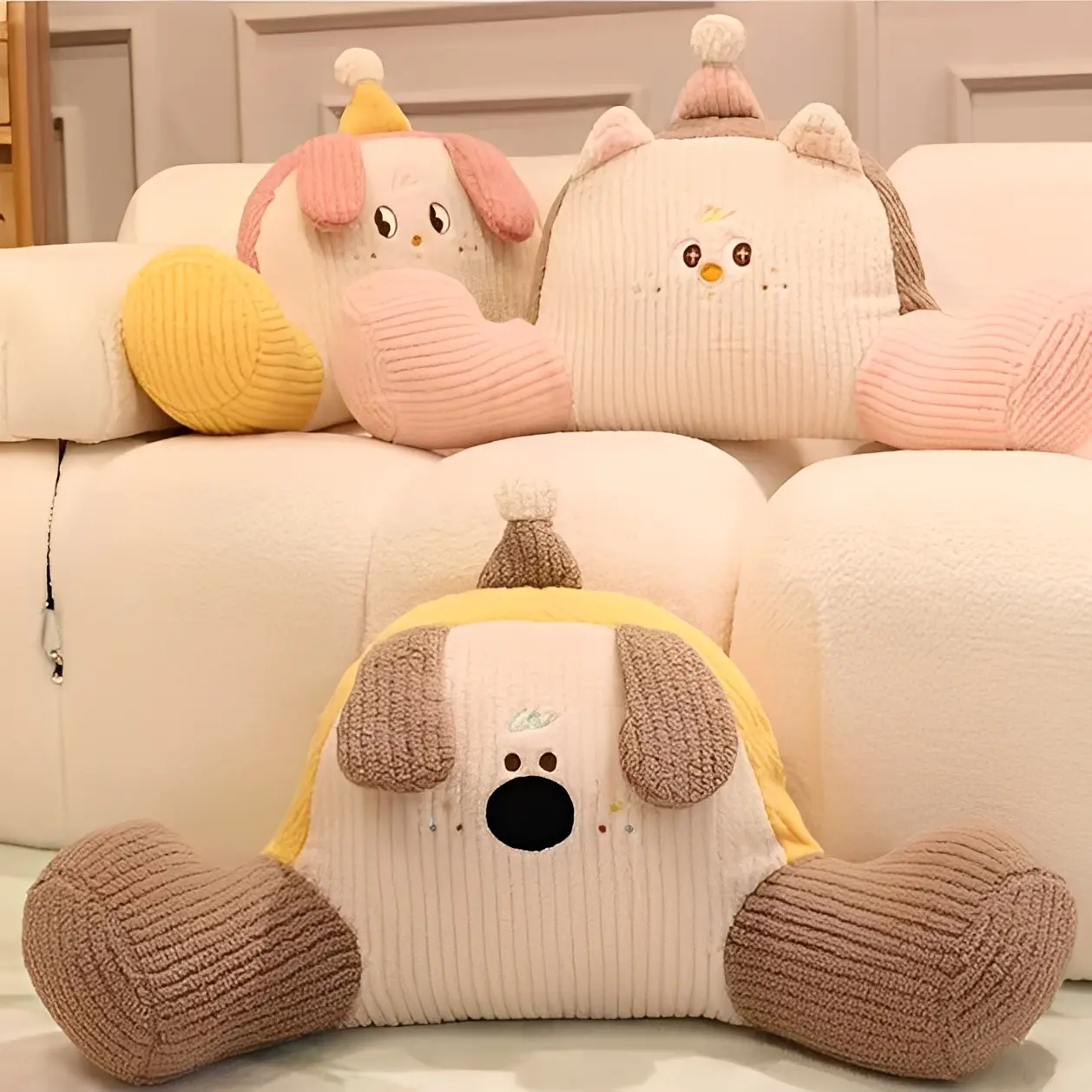 Kitty and Puppy Reading Pillow for Adults, Bunny Padded Backrest Pillow for Sitting Up in Bed with Shredded, Supportive Bolster, Includes Arms and Washable Cover