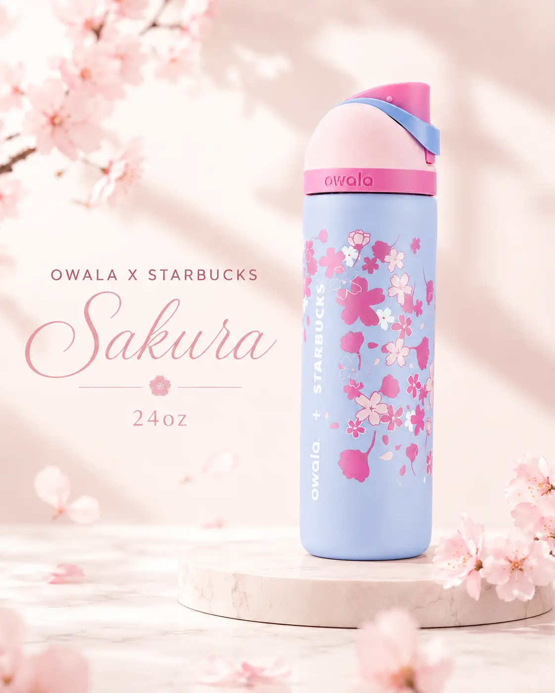 Owala Sakura 24oz FreeSip Water Bottle (Collab with Starbucks)– Cherry Blossom Insulated Bottle with Built-In Straw