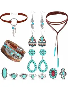 16 Pcs Western Bohemian Women's Jewelry Collection-turquoise Artificial Leather Cuff Bracelets, Pendant Necklaces, Hoop Earrings, Joint Rings, Fashionable Jewelry Set