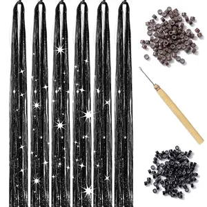 Hair Tinsel Kit with Tool 6pcs 1200 Strands Glitter Tinsel Hair Extensions Heat Resistant Sparkling Shiny Fairy Hair Accessories for Women Girls s 47Inch