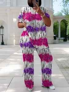 Trendy 2025 Plus Size Outfits Women's 2 Piece Set - Tie Dye Short Sleeve Top & Stretch Pants | Loose Fit Casual Summer Suits, Minimalist Viral Fashion Clothes Fabric