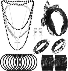 80s Costume Accessories for Women– 5-Piece Retro 80s Themed Outfit Set for Halloween, 80s Party– Includes Black Lace Headband, Studded or Neon Earrings, Fishnet Arm Gloves, Layered Necklace with Cross or Guitar Pick Charm, and Chunky Bracelet