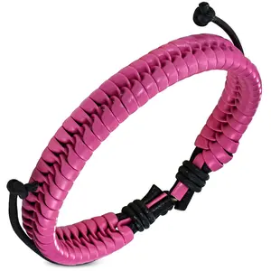 Pink Black Leather Cord Braided Adjustable Bracelet