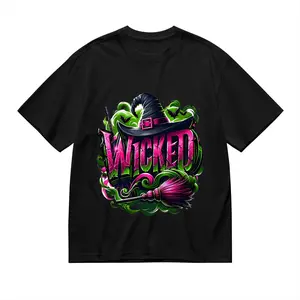 Plus Size Women's T-Shirt With Wicked Witch Hat And Broom Graphic Print, Perfect For Halloween Costume Or Casual Wear,220g