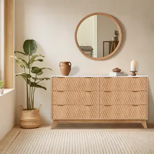 Yellow Fluted 6 Drawer Dresser with Faux Marble Top Modern TV Stand Cabinet for Bedroom and Living Room Fits 55in TVs Anti Tip Easy Assembly Oak