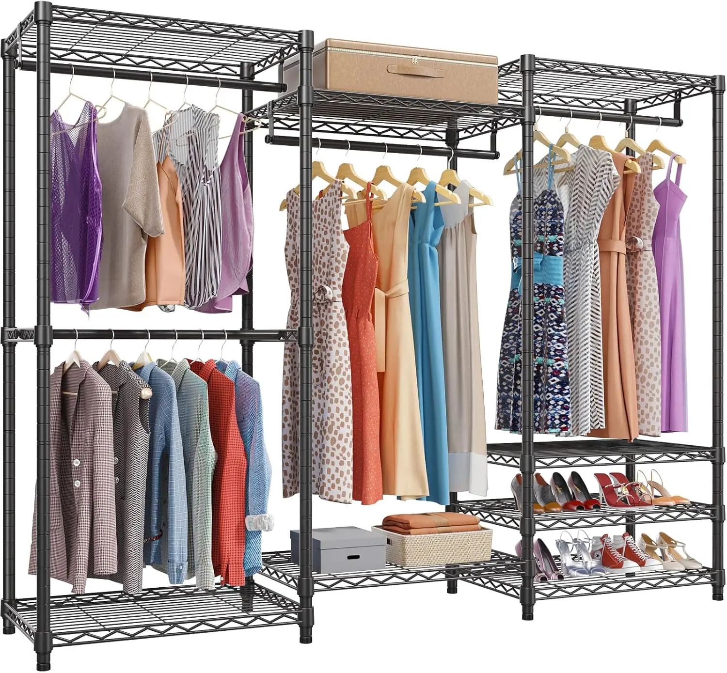 Sumimervibes,Portable Closet Wardrobe Heavy Duty Clothes Rack, Freestanding Clothing Rack with 4 Hang Rods & 8 Shelves, Adjustable Closet Racks, 68.9" L x 15.7" W x 76.4" H, Max Load 890LBS, Black