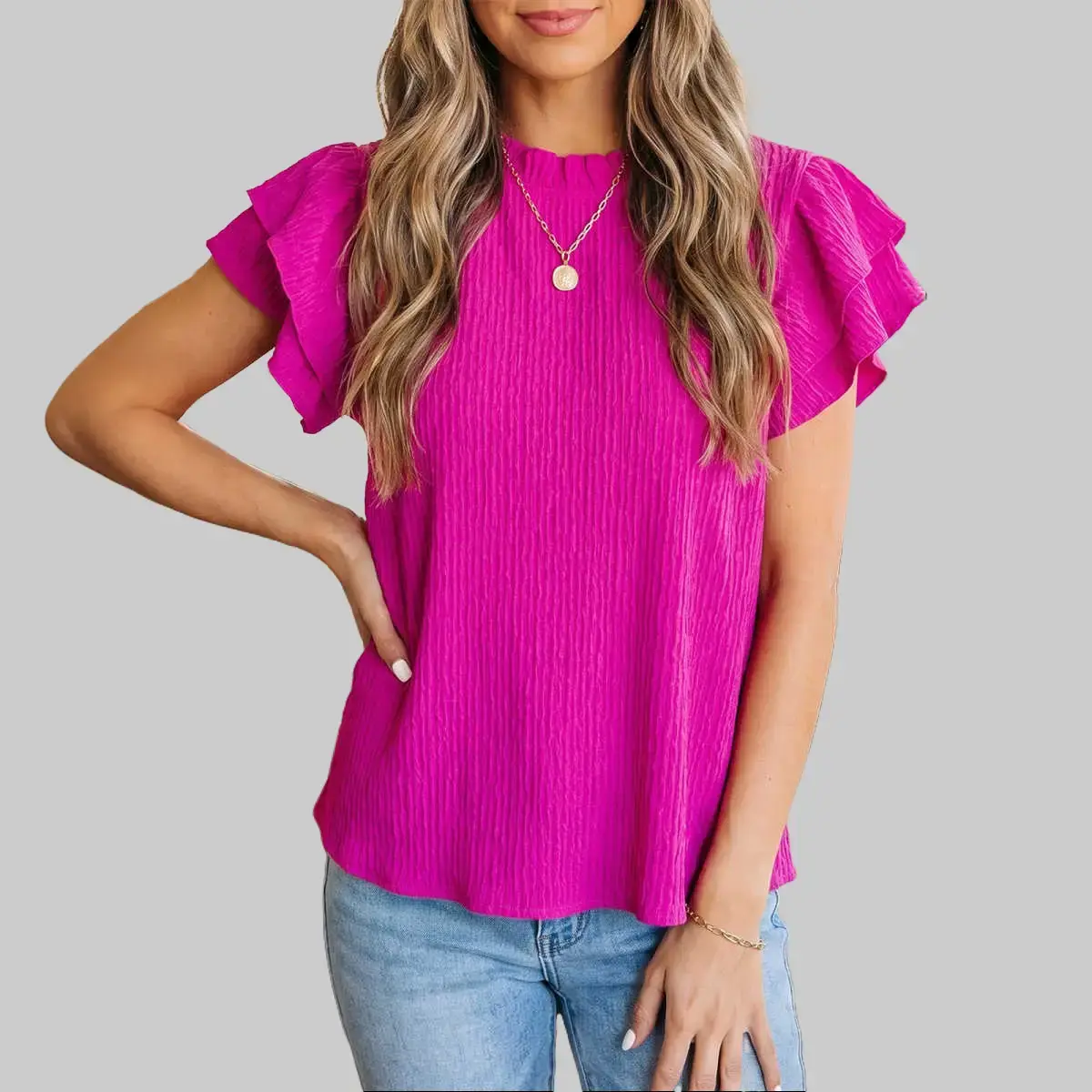 Women's Rose Red Solid Textured Ruffle-Trim Short-Sleeve Blouse - Everyday Ready-to-Wear Mock Neck Keyhole Back Loose 1-Piece Fabric Top for Casual Wear, Shortsleeve, Elastane, Ruffled Detail, Loose-Fitting, Basic, Style Inspo, Wardrobe Staples, Relaxed F